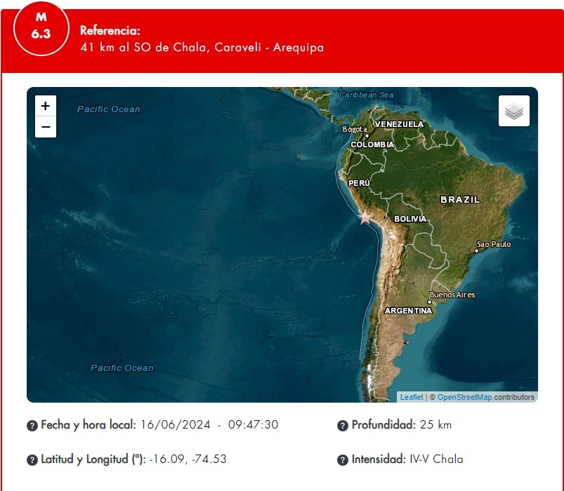 Terremoto de magnitude 6,3 atinge litoral sul do Peru