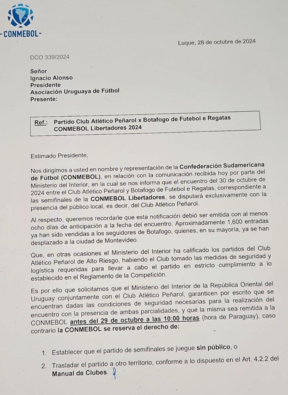 Conmebol exige presença de torcedores do Botafogo e ameaça realizar jogo com portões fechados