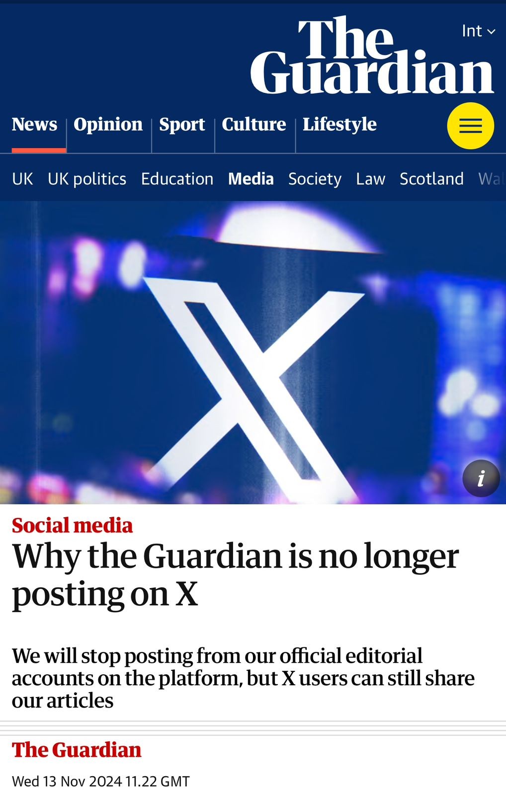 Jornal The Guardian anuncia decisão de não publicar mais no X: ‘conteúdo perturbador’