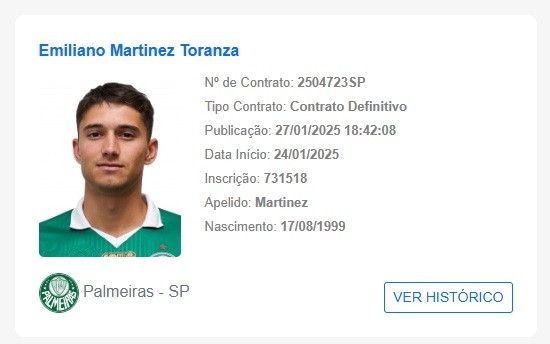 Emiliano Martínez é registrado pelo Palmeiras e depende de inscrição no Paulista para estrear