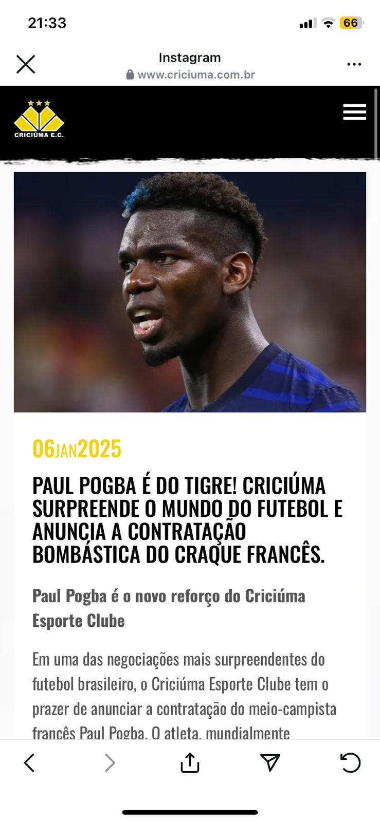 Site do Criciúma é hackeado e tem ‘anúncio’ de Paul Pogba