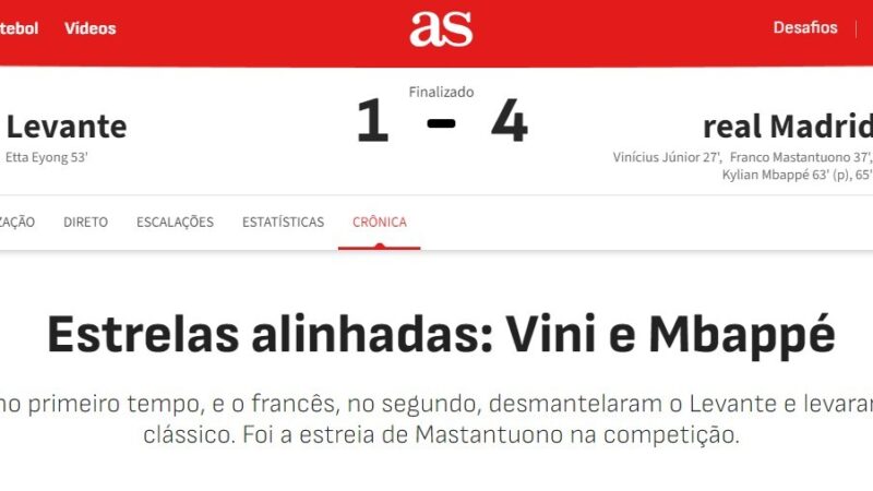 Jornais espanhóis se rendem à atuação de Vini Jr. após golaço contra o Levante: “Voando”