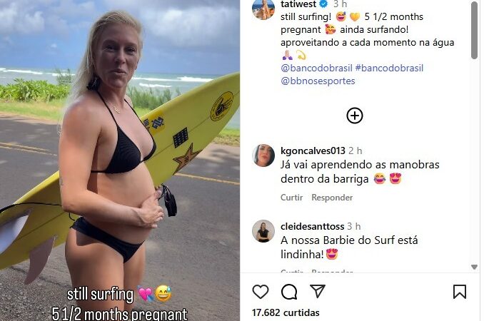 Grávida, Tatiana Weston-Webb posta vídeo surfando e impressiona fãs