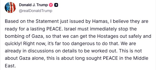 Trump diz que Israel deve parar ataques em Gaza ‘imediatamente’ após resposta do Hamas: ‘Prontos para paz duradoura’