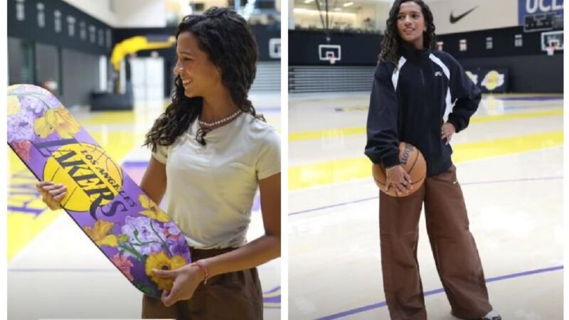 Rayssa Leal visita sede dos Lakers e ganha camisa e skate personalizados
