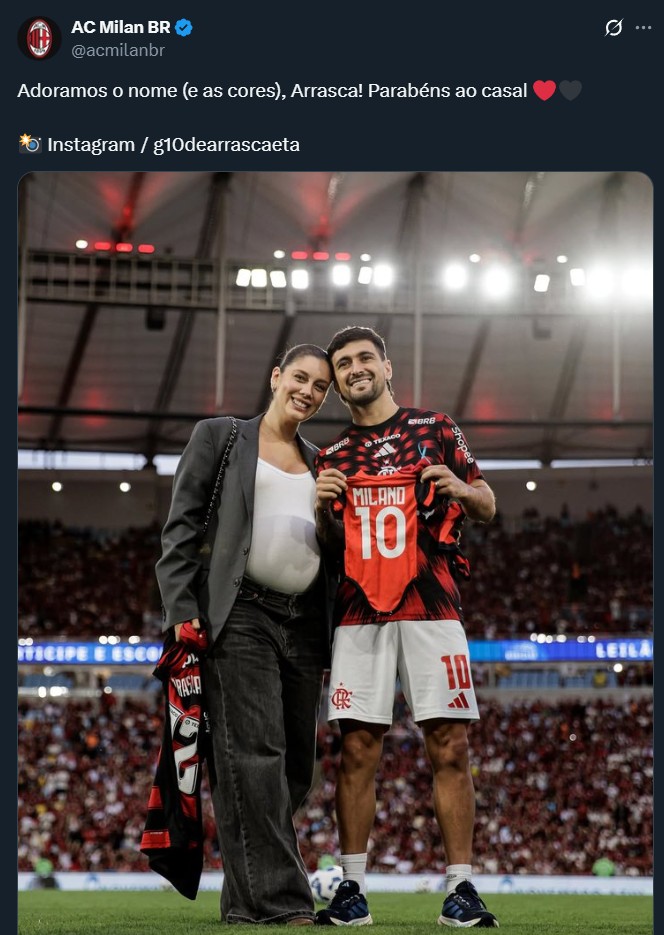 Milan parabeniza Arrascaeta por gravidez e brinca com nome “Milano”: “Adoramos”