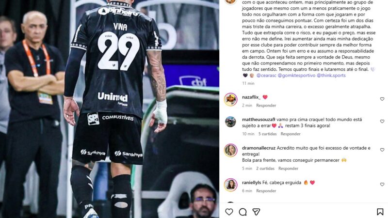 Vina pede desculpa após expulsão em derrota: “Esse erro não me define”