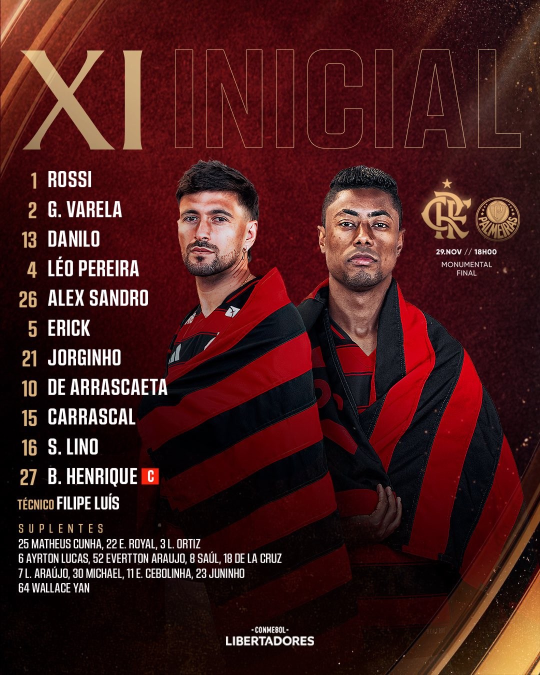 Escalação do Flamengo: com surpresas, veja o time para a final da Libertadores contra o Palmeiras