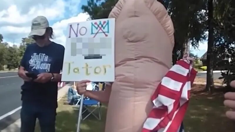 Idosa fantasiada de pênis é presa em protesto contra Trump nos EUA; veja vídeo