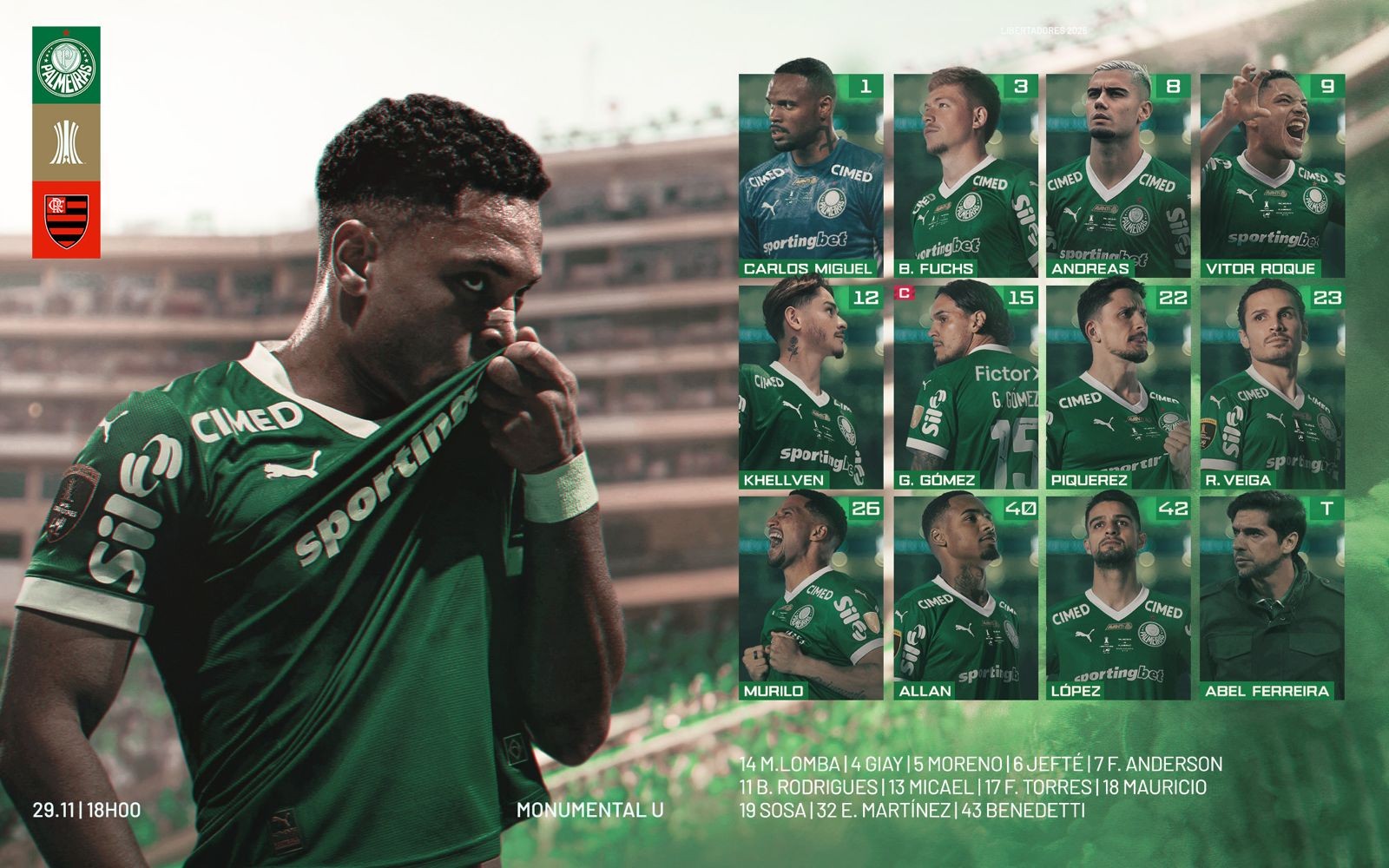 Veja a escalação do Palmeiras para final da Libertadores contra o Flamengo