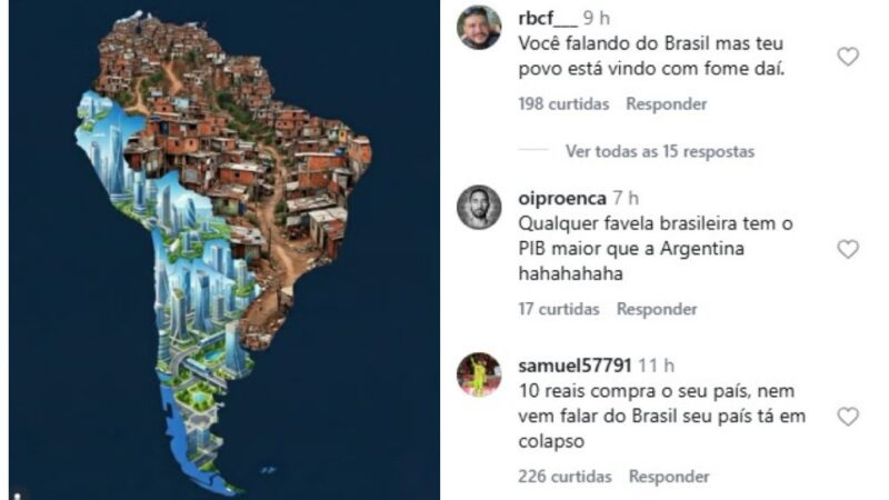 Brasileiros ‘invadem’ perfil de Milei após post que mostra Brasil como grande favela e Argentina futurista