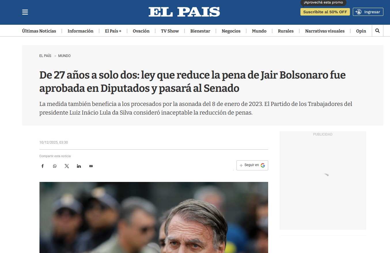 ‘De 27 anos de prisão para apenas 2’: redução de pena de Bolsonaro, aprovada pela Câmara, repercute na imprensa internacional