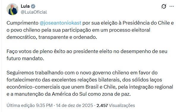 ‘Seguiremos trabalhando com o governo chileno’, diz Lula após eleição de presidente de direita no Chile