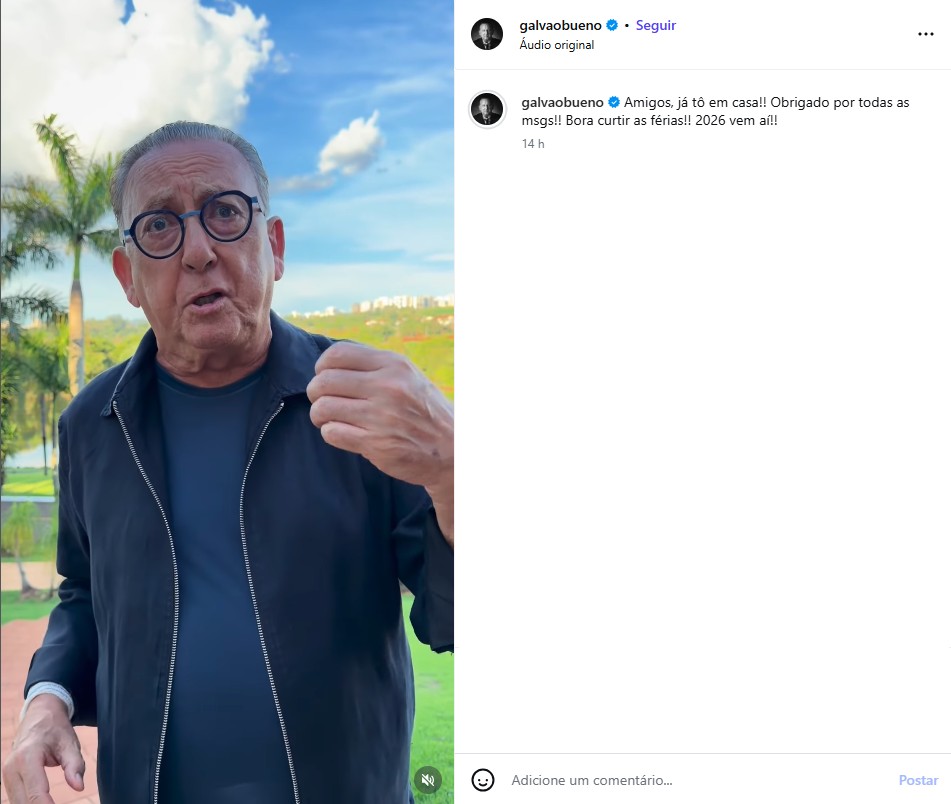 Galvão Bueno se pronuncia após passar o Natal internado e detalha recuperação: “Vou fazer repouso”