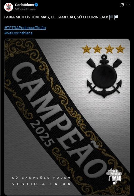 Corinthians provoca Vasco após título da Copa do Brasil: “Só campeões podem vestir a faixa”