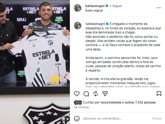 Lucas Mugni se despede do Ceará: “O caminho percorrido foi lindo”