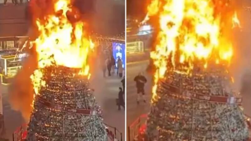 É #FAKE que muçulmanos queimaram árvore de Natal no Reino Unido; cena mostra incêndio acidental na China em 2024