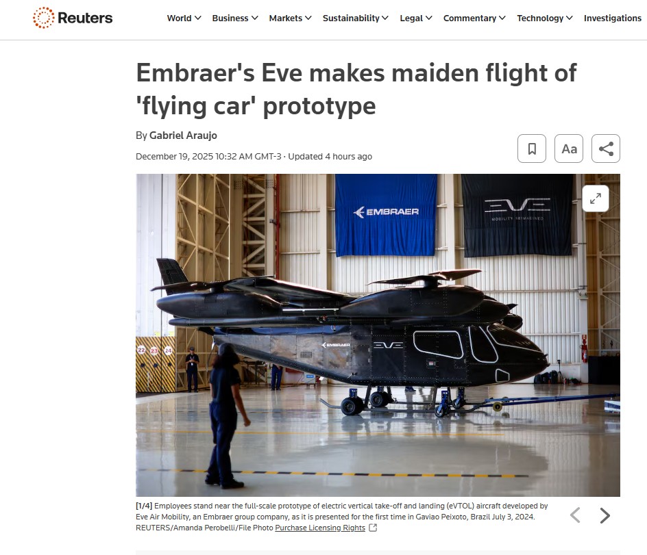Sites de notícias internacionais destacam 1° voo de carro voador da Embraer