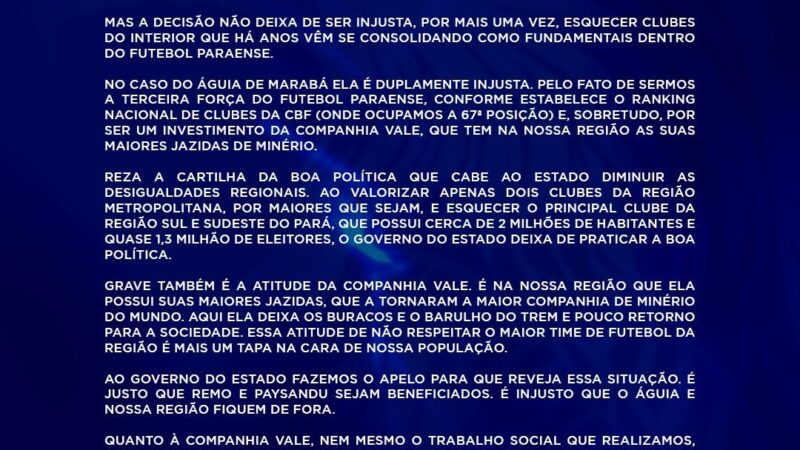 Águia questiona Governo do Estado e mineradora sobre investimento em CTs de Remo e Paysandu