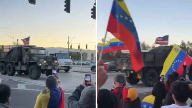 É #FAKE que vídeo mostre caminhão militar com bandeira americana na Venezuela; cena ocorreu em janeiro nos EUA
