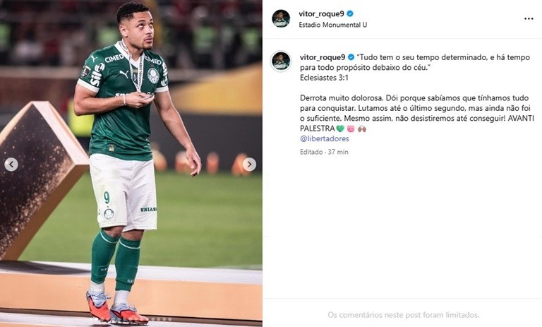 Vitor Roque lamenta vice do Palmeiras na Libertadores: “Derrota muito dolorosa”