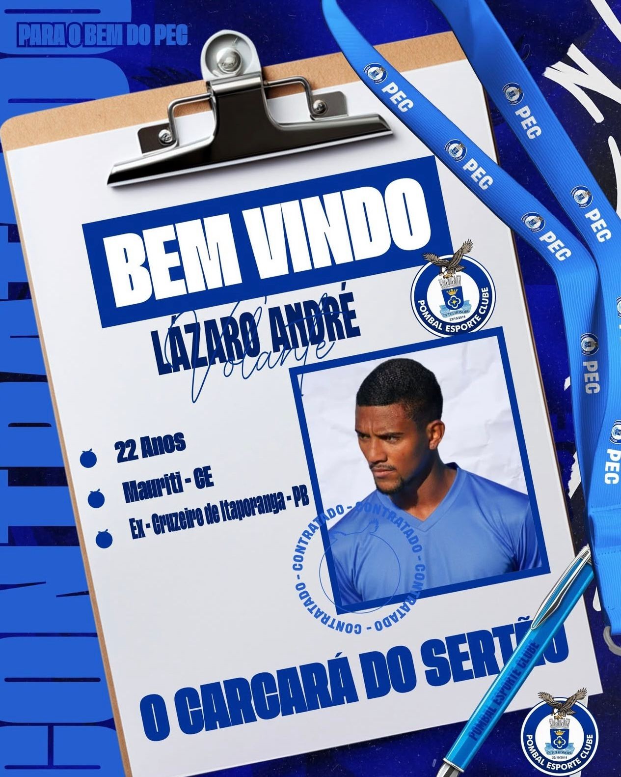 Pombal contrata o volante Lázaro André, ex-Cruzeiro-PB, e chega ao 19º reforço para 2026