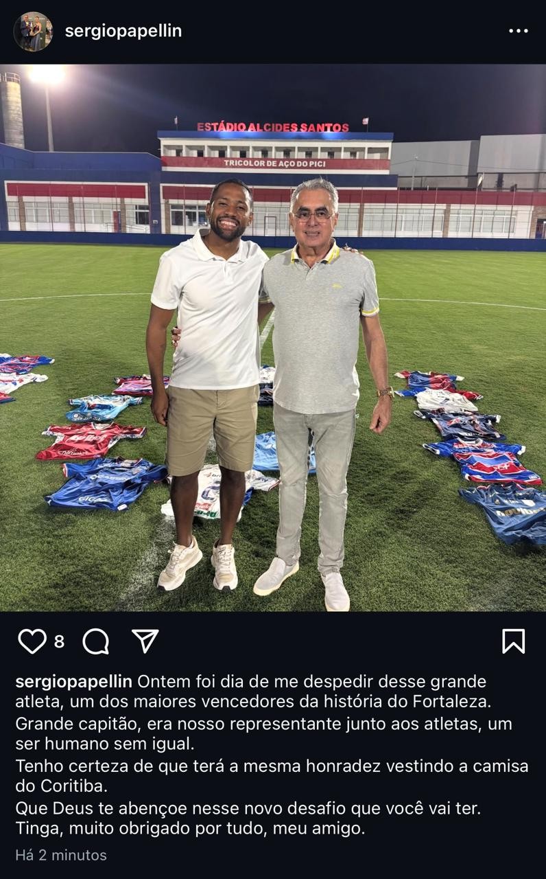 Dirigente do Fortaleza se despede de Tinga nas redes sociais e indica Coritiba como destino