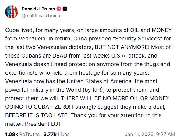 Trump diz que Cuba ‘ficou sem petróleo e dinheiro da Venezuela’ e renova ameaça: ‘Faça um acordo antes que seja tarde’