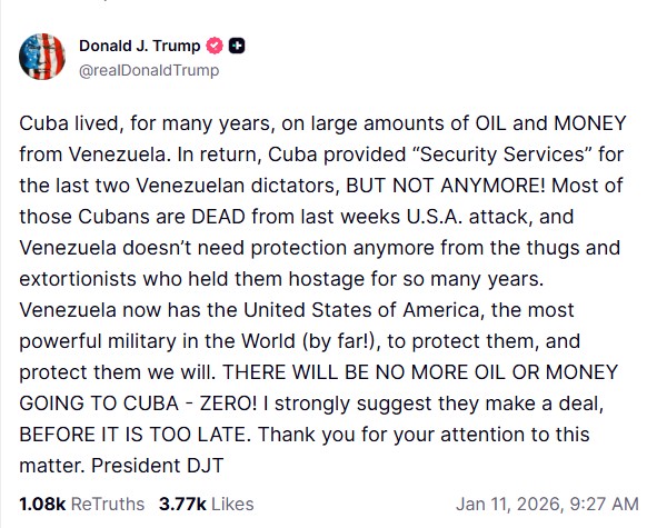Trump diz que Cuba ‘ficou sem petróleo e dinheiro da Venezuela’ e renova ameaça: ‘Faça um acordo antes que seja tarde’