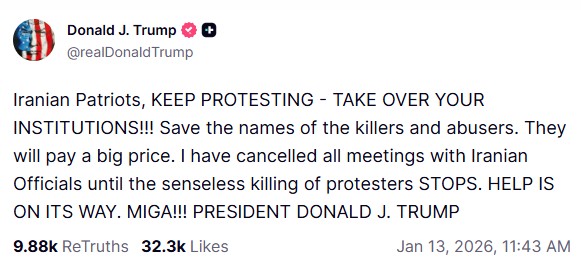 Trump a manifestantes do Irã: ‘Guardem os nomes dos assassinos. Eles vão pagar um preço muito alto’