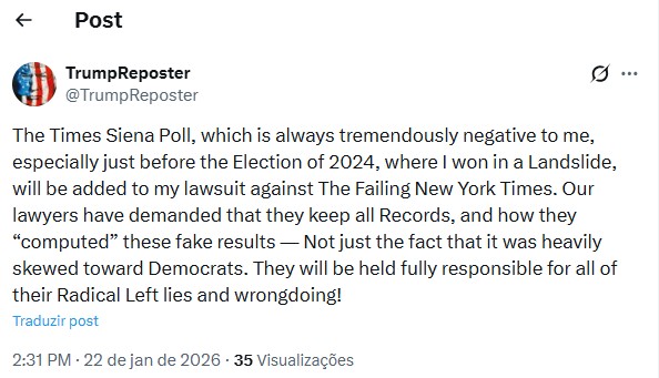 Trump questiona pesquisas de voto e de análise de governo realizadas pelo New York Times: ‘precisam explicar os resultados’