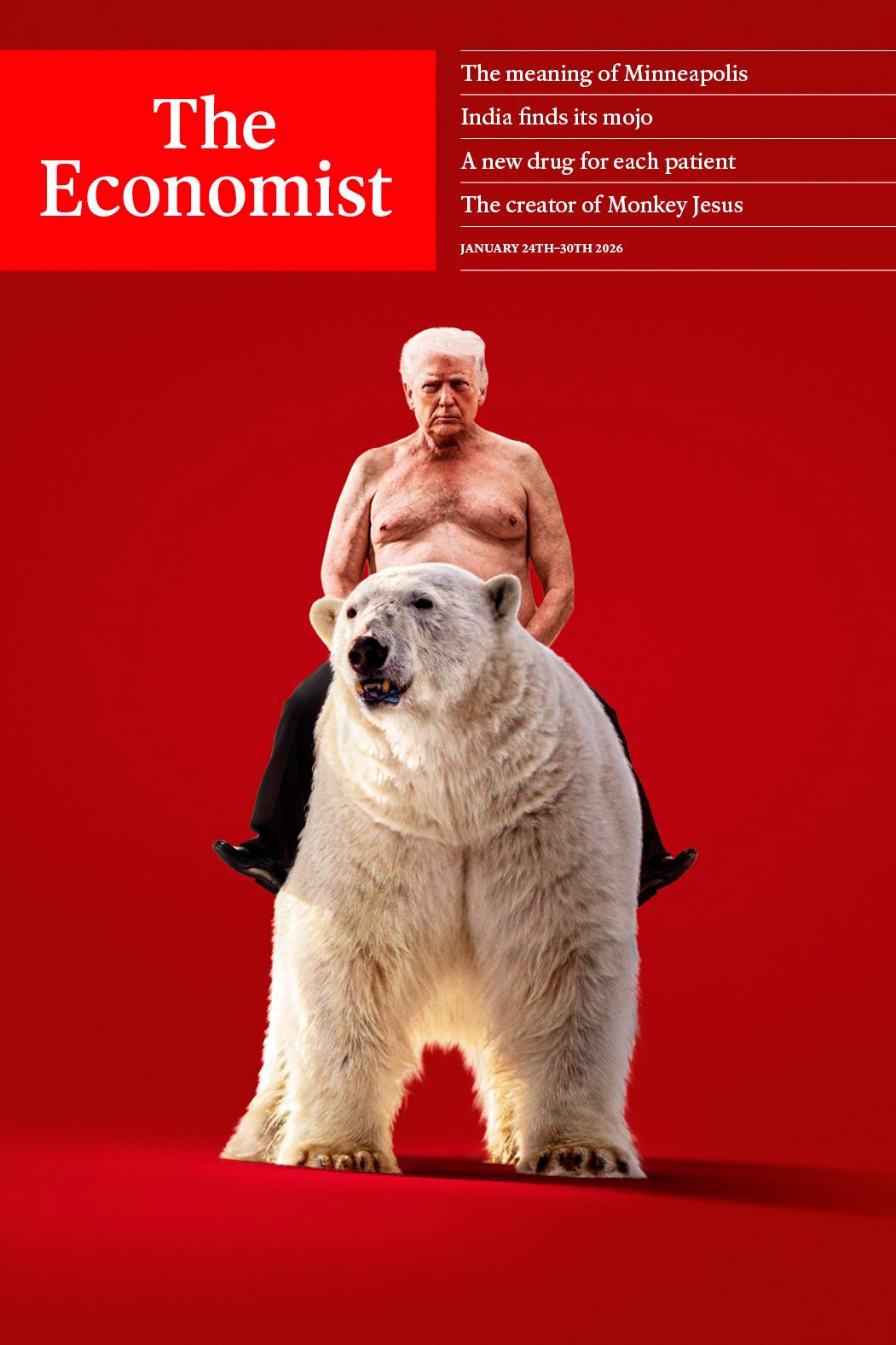 Revista retrata Trump sem camisa e montado em urso polar em meio a tensões com a Europa por causa da Groenlândia