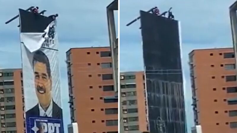 É #FAKE que vídeo de venezuelanos derrubando pôster gigante de Maduro mostre ‘festa’ após captura; cena ocorreu em 2024