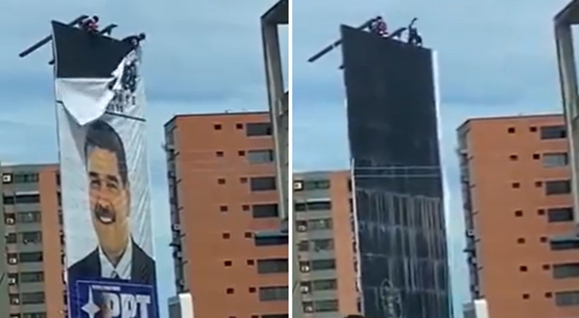 É #FAKE que vídeo de venezuelanos derrubando pôster gigante de Maduro mostre ‘festa’ após captura; cena ocorreu em 2024