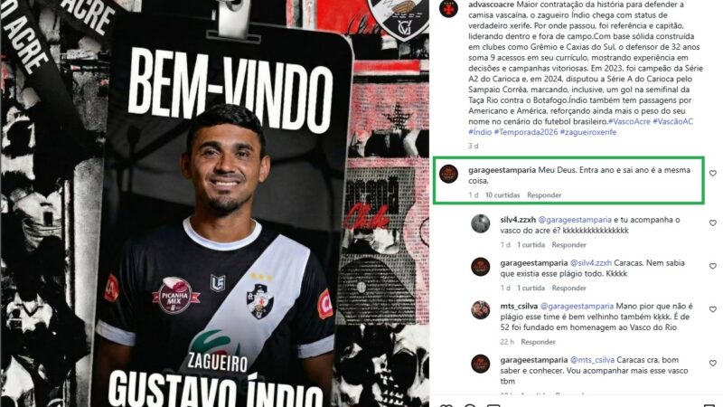 Torcedores confundem perfil em rede social e criticam contratação do Vasco-AC: “Tá de sacanagem”