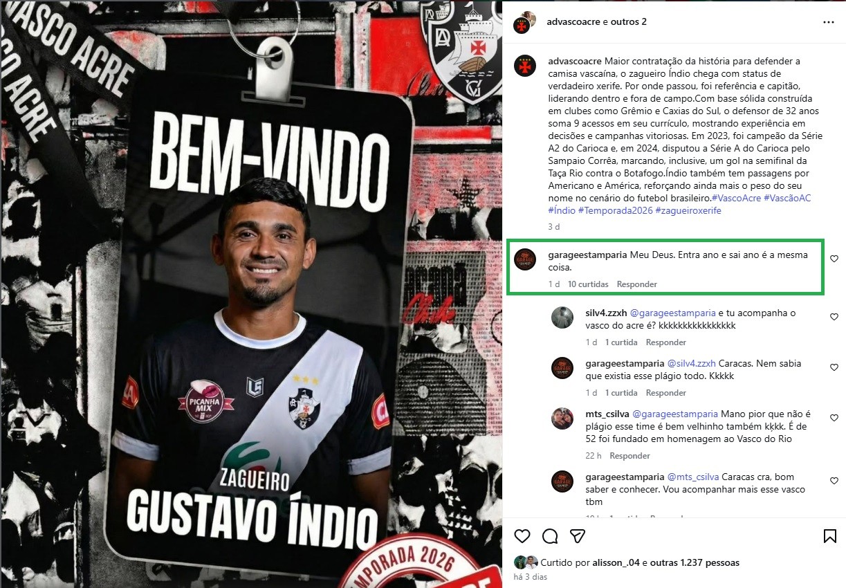 Torcedores confundem perfil em rede social e criticam contratação do Vasco-AC: “Tá de sacanagem”