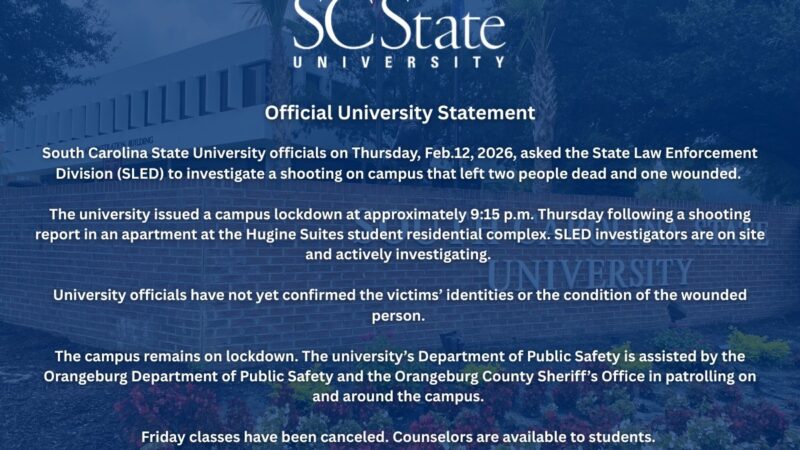 Ataque a tiros na Universidade Estadual da Carolina do Sul deixa dois mortos e um ferido