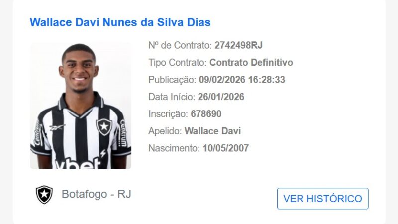 Botafogo inscreve volante Wallace Davi, que pode estrear pelo clube