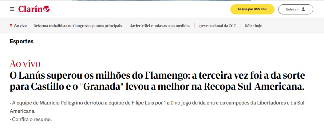 Imprensa argentina repercute vitória do Lanús na Recopa: “Venceu dos milhões do Flamengo”