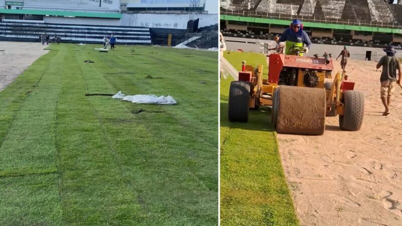 Central realiza instalação do novo gramado do Lacerdão; veja imagens