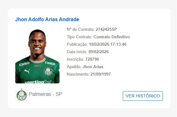 Palmeiras registra Arias no BID da CBF e prepara chegada de reforço