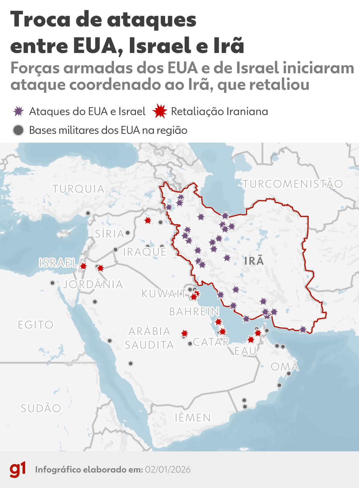 INFOGRÁFICO: veja mapa com a troca de ataques entre EUA, Israel e Irã