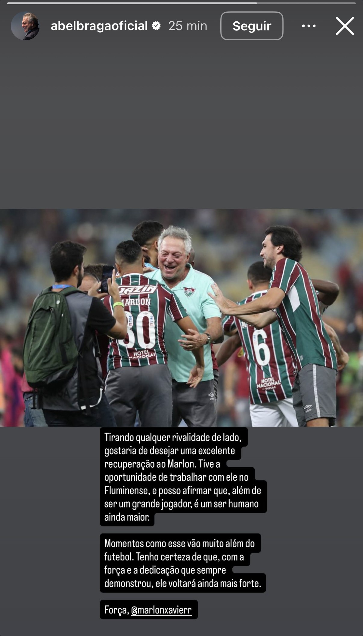 Dirigente do Inter, Abel Braga manda mensagem a Marlon após lesão no Grêmio