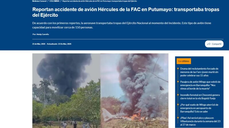 VÍDEO mostra avião militar da Colômbia momentos antes de cair