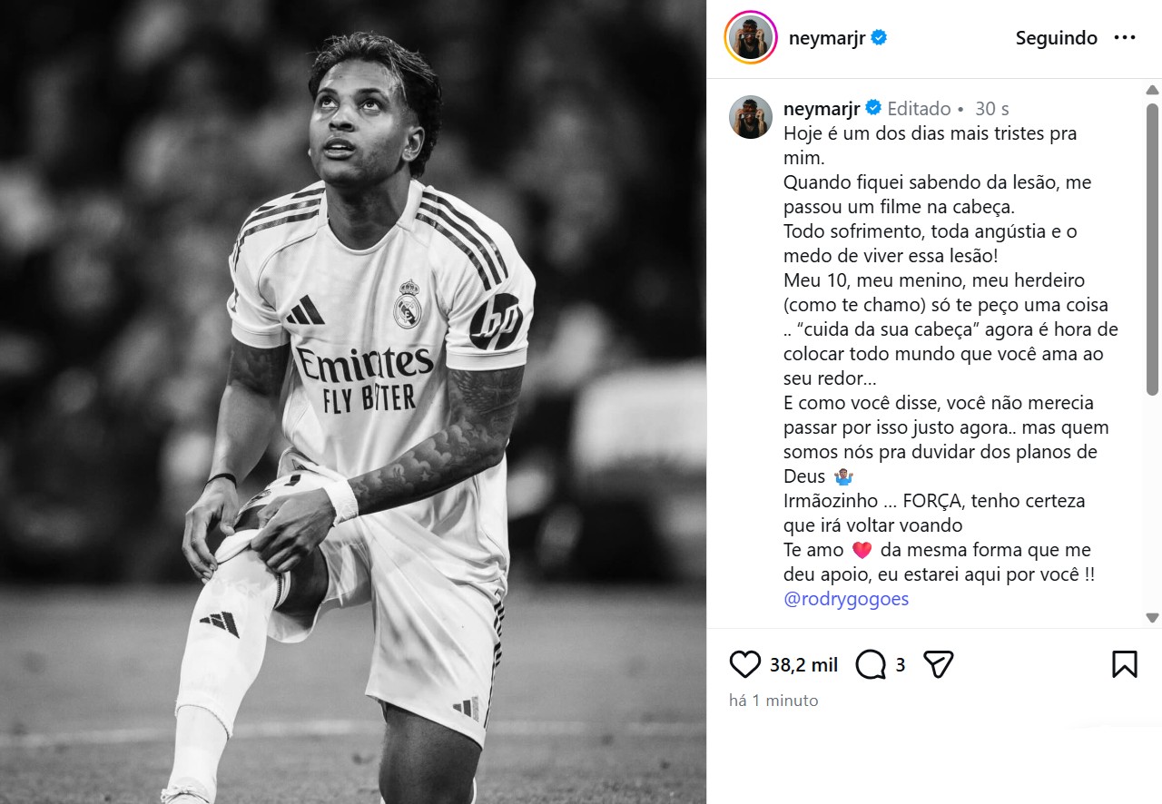 Neymar e Vini Jr. lamentam lesão de Rodrygo, que o tira da Copa do Mundo