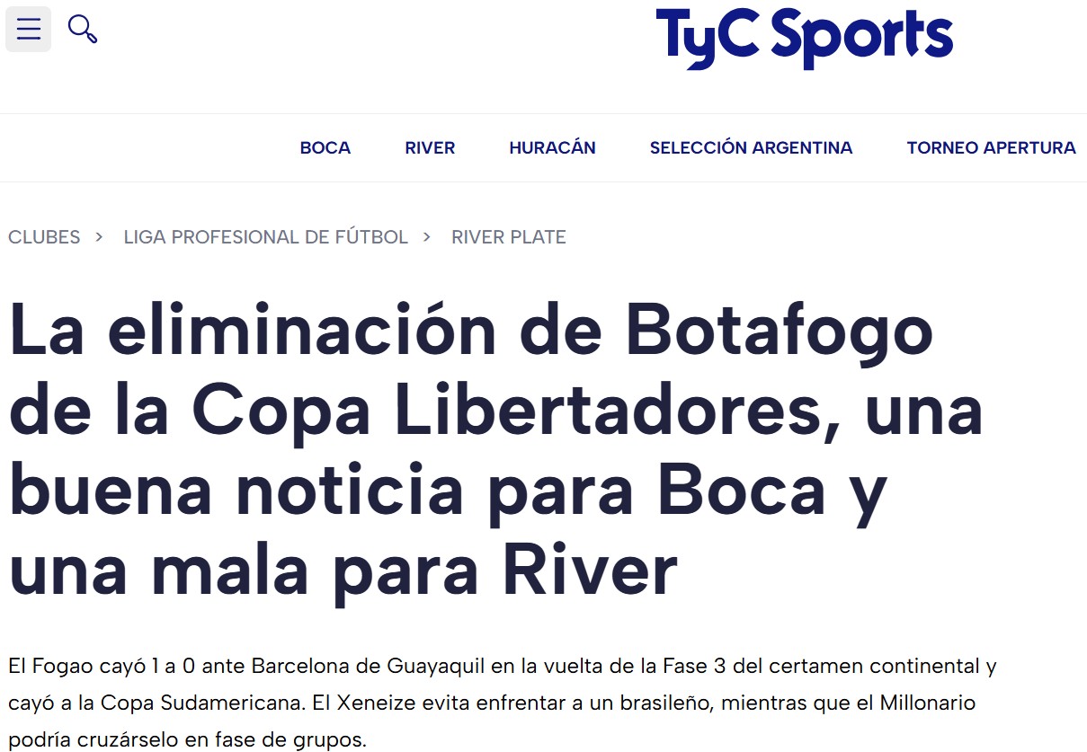 Canal argentino vê lucro para Boca com queda do Botafogo: “Evita um temido brasileiro”