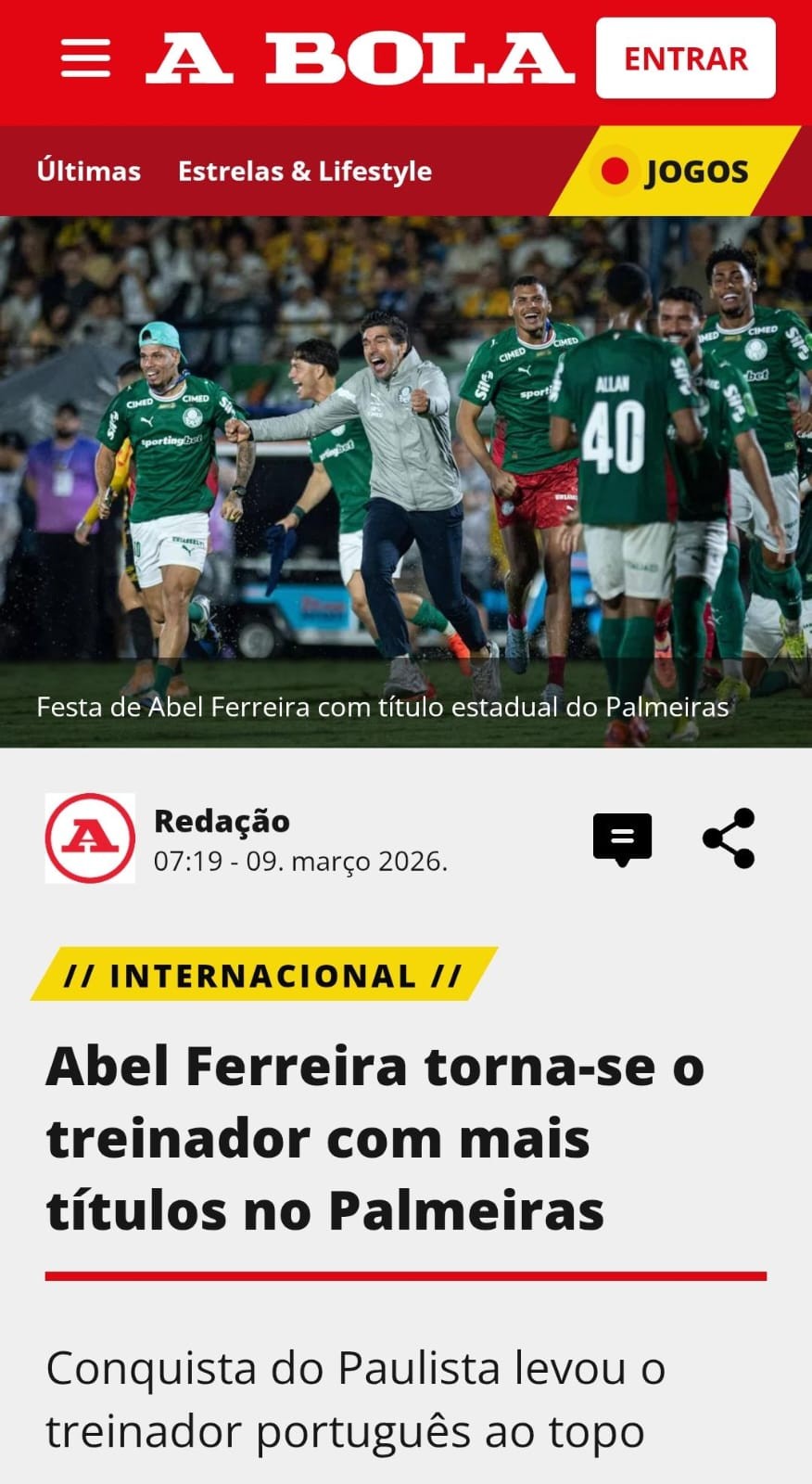 Imprensa portuguesa repercute recorde de Abel Ferreira pelo Palmeiras: “Ao topo”