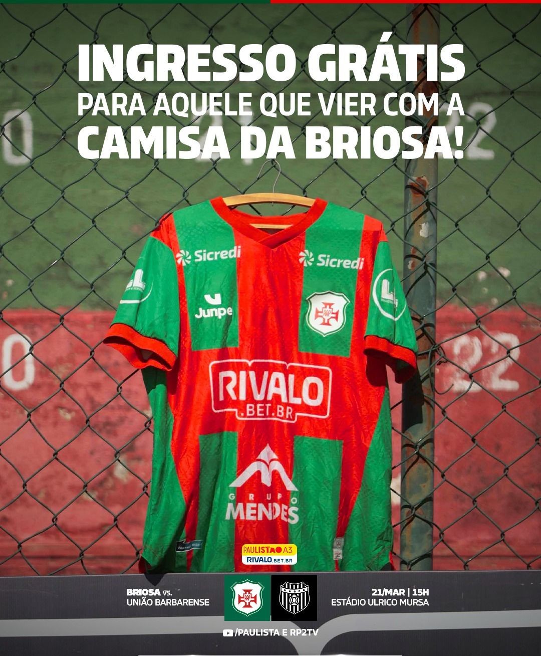 Torcedor da Briosa que vestir a camisa do clube terá entrada gratuita contra o União Barbarense