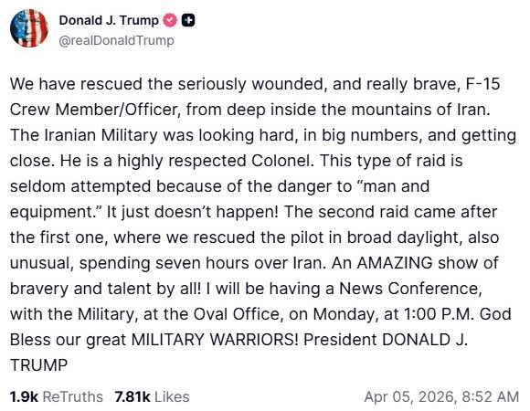 Piloto resgatado no Irã está gravemente ferido e é muito corajoso, diz Trump