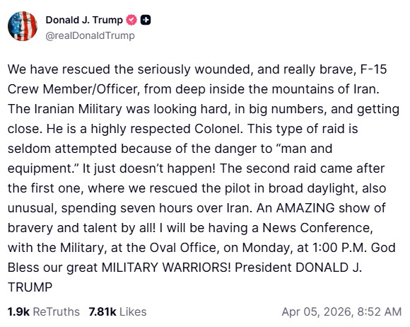 Piloto resgatado no Irã está gravemente ferido e é muito corajoso, diz Trump